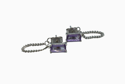 Ameya अमेय | Amethyst | Ear Studs with Chain | Silver | Rhodium Plated