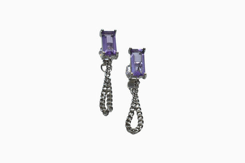 Ameya अमेय | Amethyst | Ear Studs with Chain | Silver | Rhodium Plated