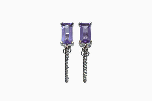 Ameya अमेय | Amethyst | Ear Studs with Chain | Silver | Rhodium Plated