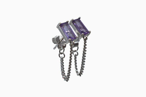 Ameya अमेय | Amethyst | Ear Studs with Chain | Silver | Rhodium Plated