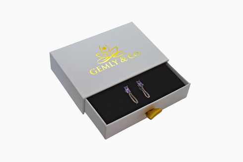 Ameya अमेय | Amethyst | Ear Studs with Chain | Silver | Rhodium Plated
