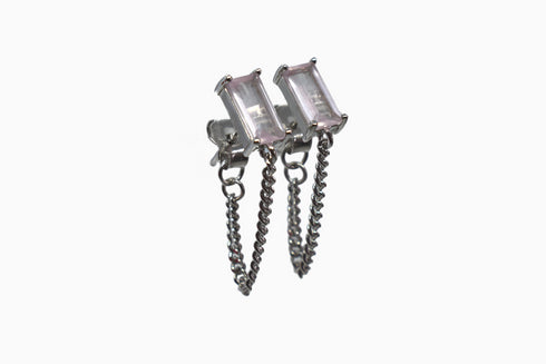 Ameya अमेय | Rosenquarz | Ohrstecker mit Kette | Silber | Rhodiniert