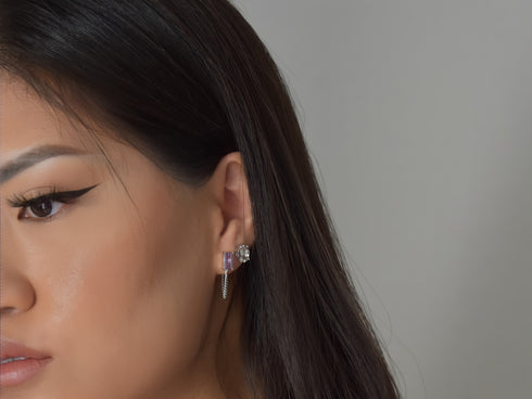 Ameya अमेय | Amethyst | Ear Studs with Chain | Silver | Rhodium Plated