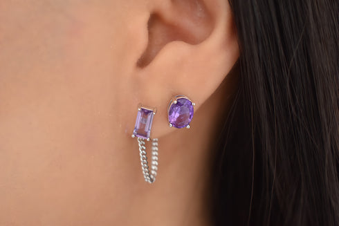 Ameya अमेय | Amethyst | Ear Studs with Chain | Silver | Rhodium Plated